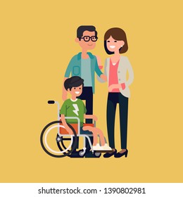 Cheerful Family With Disabled Child In A Wheelchair Flat Design Vector Illustration. Character Design On Parents And Their Limited Abilities Son Together Smiling