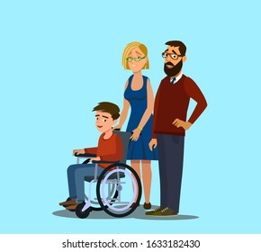 Cheerful family with disabled child in a wheelchair flat design vector illustration.