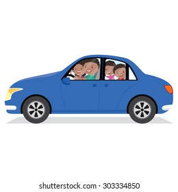 Cheerful family driving in a car isolated. Father driving the car.