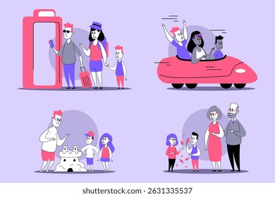 Cheerful family engaging in various activities during their vacation, including playing at beach, riding together in car, and exploring new experiences