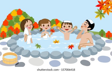 Cheerful family Enjoying Japanese Hot Spring in Autumn.