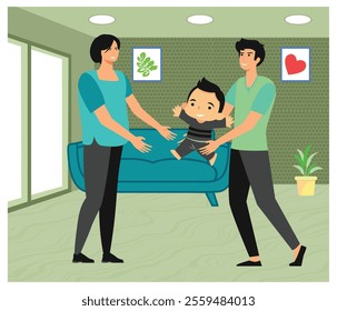 A cheerful family enjoying quality time indoors, highlighting love, unity, and joy. Flat vector modern illustration 