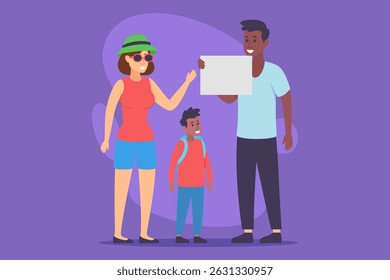 Cheerful family enjoying quality time together. Mother waving at child while father holding blank sign