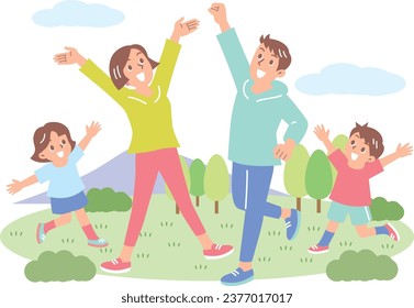 A cheerful family of four jumping happily in the mountains