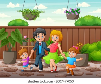Cheerful the family in a garden illustration