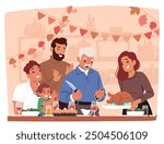 Cheerful Family Gathered Around Table Celebrating Thanksgiving With A Turkey Dinner. Cartoon Vector Scene Includes Happy Faces, Festive Decorations, And A Warm Atmosphere Of Togetherness And Gratitude