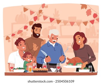 Cheerful Family Gathered Around Table Celebrating Thanksgiving With A Turkey Dinner. Cartoon Vector Scene Includes Happy Faces, Festive Decorations, And A Warm Atmosphere Of Togetherness And Gratitude