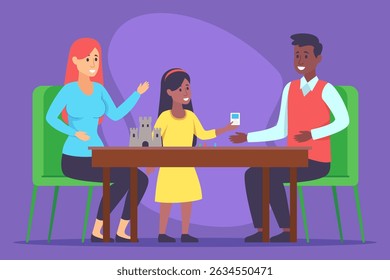 Cheerful family gathered around table, engaged in game. Joyful parents interacting with their young daughter, fostering creativity and bonding