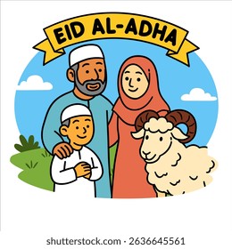 A cheerful family gathered outdoors celebrating Eid Al-Adha, accompanied by a sacrificial sheep, symbolizing joy and faith.