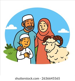 A cheerful family gathered outdoors celebrating Eid Al-Adha, accompanied by a sacrificial sheep, symbolizing joy and faith.