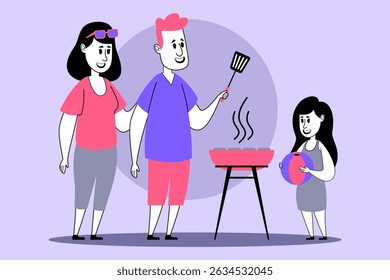 Cheerful family gathering in backyard, grilling food on barbecue. Father cooking with spatula while mother and daughter watching and enjoying playful moment together
