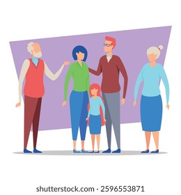 Cheerful family gathering in colorful setting. Grandparents, parents, and child, all interacting with smiles and supportive gestures