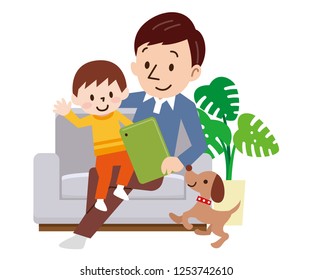 Cheerful family at home sitting in sofa