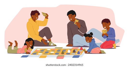 Cheerful Family With Kids Gathers On The Floor, Engrossed In Lively Board Games, Creating A Heartwarming Scene Filled With Laughter, Competition, And Shared Moments Of Joy. Cartoon Vector Illustration