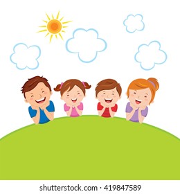 Cheerful family lying on grass. Vector illustration of joyful young family lying lawn with green grass enjoying nature.