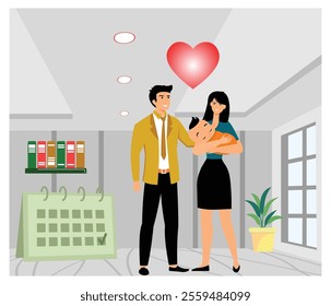 Cheerful family moment with parents embracing their child in a modern home, emphasizing love and togetherness in a bright, welcoming environment. Flat vector modern illustration 