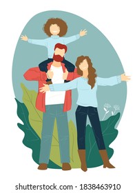 Cheerful family on weekends, mother and father carrying kid on neck. Happy parents and child relaxing on summer vacation in park. Outdoors activities and enjoyment outside. Vector in flat style - Shutterstock ID 1838463910