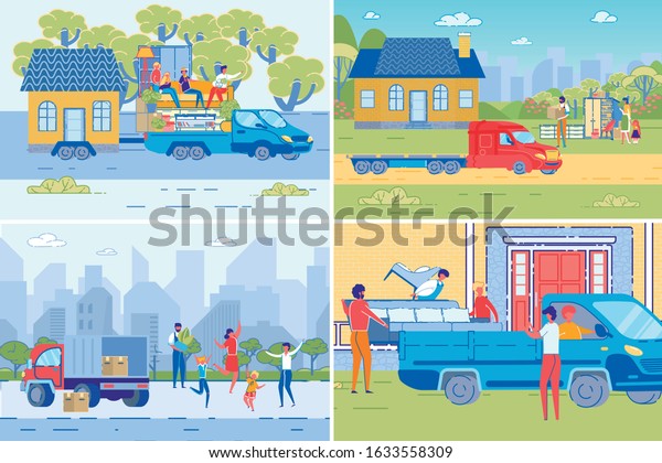 Cheerful Family, Parents and Children Cartoon\
Characters Moving New House. Freight Transportation Company Workers\
or Loaders Loading Furniture and Cargo on Lorry. Flat Vector\
Illustrations Set.