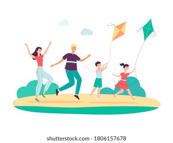 Cheerful family playing kite in the park, flat vector illustration isolated on white background. Family with children summer joint outdoor activity and game scene.