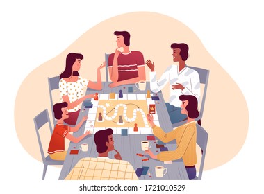 A cheerful family plays board games with friends. Joyful men and women sit together at home at the table, talk and drink tea. Home activities and entertainment