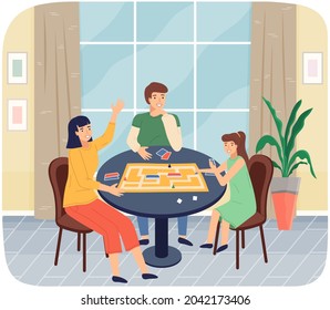 Cheerful family plays table game in apartment. Joyful mom and children sit together at home communicate and rest. Home activities and entertainment. People with board game spend time in living room