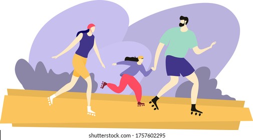 Cheerful family run roller skate, happy character father mother and daughter walk city park area isolated on white, flat vector illustration. People spend time together, amiable sport activities.