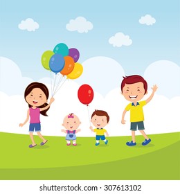 Cheerful family running with balloons. Vector illustration of a lovely family having fun with balloons.