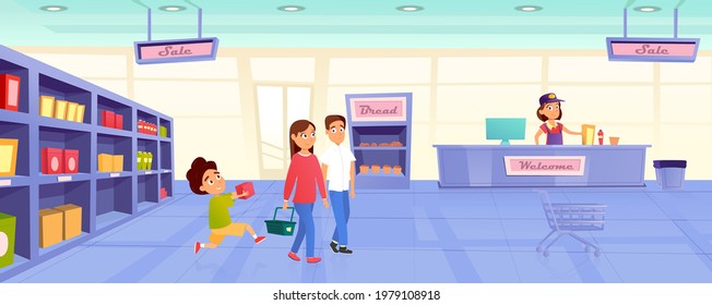 cheerful family shopping at the grocery store, the seller behind the counter smiles at the visitors