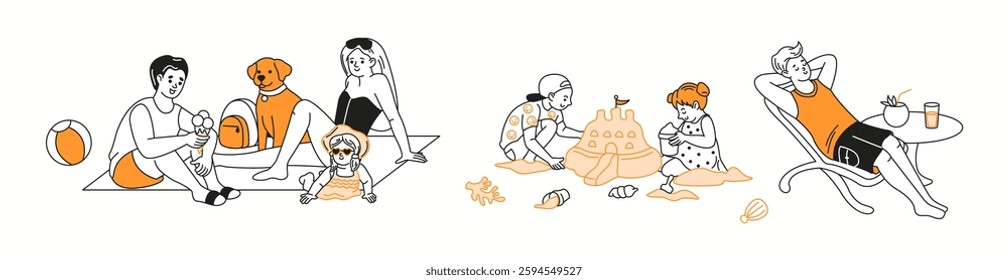 A cheerful family spending quality time together on the beach, enjoying ice cream and relaxing in the summer sun, depicted in a playful doodle-style drawing.