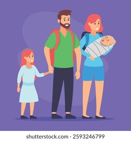 Cheerful family standing together against vibrant background. Father holding backpack while mother carrying baby, and their daughter holding hands with him. Love and unity concept