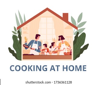 A cheerful family stays at home and cooks in the kitchen together. Parents and children cook pancakes. Homemade food concept