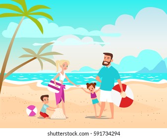 The cheerful family taking a rest on a sandy shore in the seaside vector illustration. 