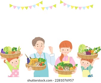 Cheerful family with vegetables in baskets