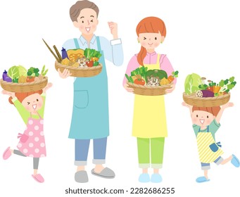 Cheerful family with vegetables in baskets