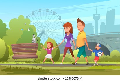 Cheerful family walking in park. Vector illustration of happy parents with children walking together in green park.