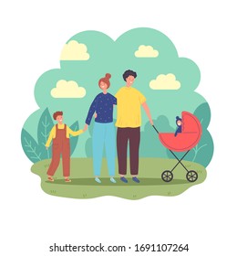 Cheerful family walks in the park. Rest at nature