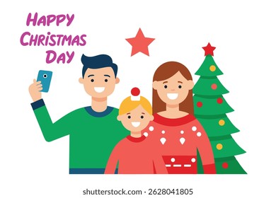 Cheerful family wearing matching Christmas sweaters, laughing and taking a selfie in front of a decorated tree. Heartwarming holiday moment on a white background,