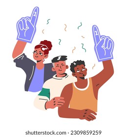 Cheerful fans are cheering for their team. A group of old friends supports sport team with a fan attributes, foam fingers and confetti. Flat vector illustration