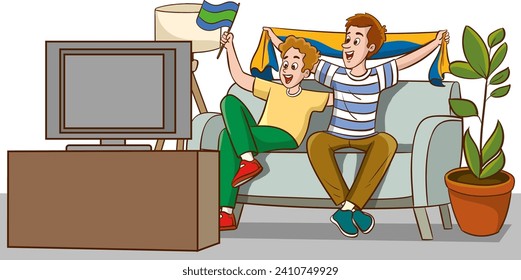 Cheerful Fans Father and Son Characters Wearing Sports Club Uniform Sitting on Sofa Supporting Favorite Sports Team Watching Football Game with Flag at Home. Cartoon People Vector Illustration