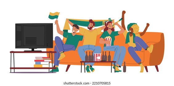 Cheerful Fans Male Female Characters Wearing Sports Club Uniform Sitting on Couch Cheering for Favorite Sport Team Watching Football Match at Home with Flag. Cartoon People Vector Illustration