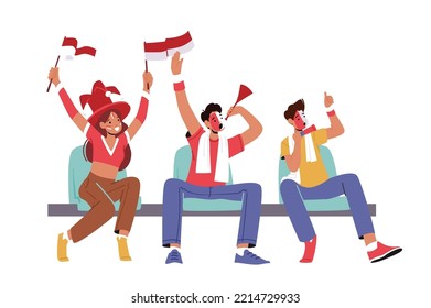 Cheerful Fans Male Female Characters Wearing Sports Club Uniform Sitting on Tribunes Cheering for Favorite Sport Team Watching Football Match with Flags and Horns. Cartoon People Vector Illustration