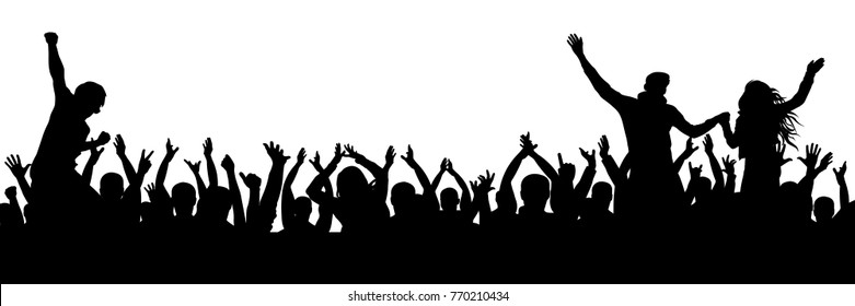 Cheerful fans party crowd. Cheering hands up applause. Crowd of people silhouette.