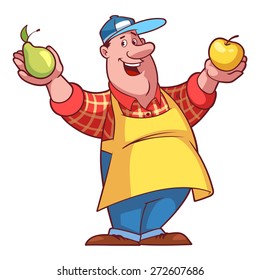 Cheerful farmer in an apron with a fruit in his hands. Vector illustration on a white background