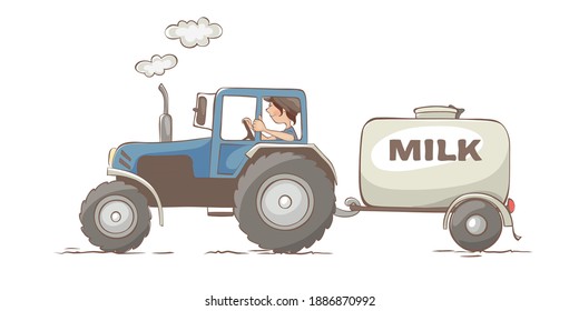 Cheerful farmer carries milk. Vector illustration, blue tractor with barrel trailer, cheerful girl tractor driver