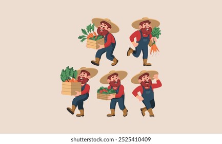 Cheerful farmer carrying vegetables in various poses.
