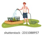 Cheerful farmer character watering vegetables in garden bed. Cartoon gardener vector personage working at farm or garden. Happy young man watering plants with garden hose, agriculture or farming theme