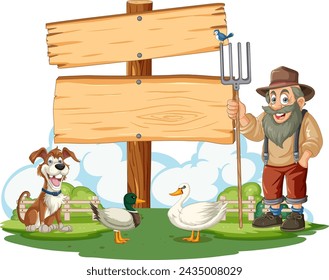 Cheerful farmer with dog, ducks, and a blank sign.