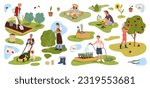 Cheerful farmer, gardener and grower cartoon characters set. Vector young woman and man personages planting flowers and watering vegetables, mowing lawn, picking fruits and cutting bushes