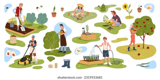 Cheerful farmer, gardener and grower cartoon characters set. Vector young woman and man personages planting flowers and watering vegetables, mowing lawn, picking fruits and cutting bushes