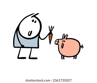 Cheerful farmer holds carrots, feeds a cute pig. Vector illustration of a stickman and an animal on a farm with food. Cute character isolated on white background.